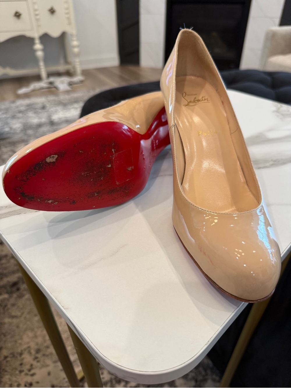 Christian Louboutin Nude Patent Leather Round-Toe Pumps with Red Sole